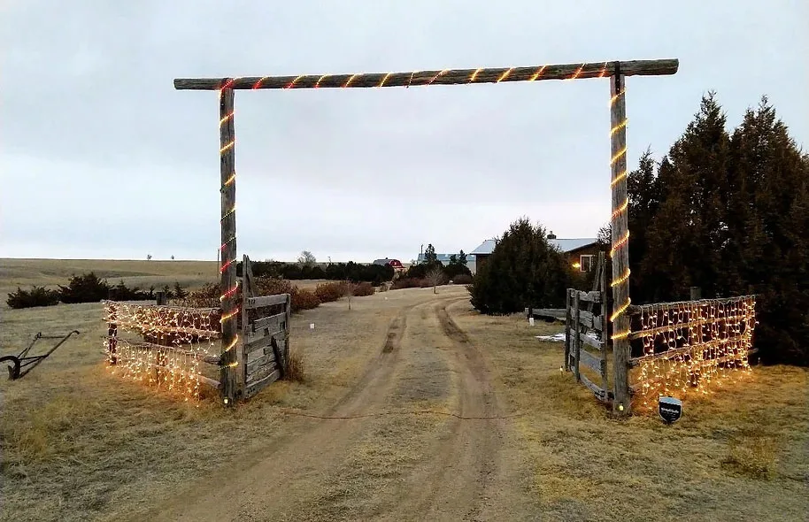 The front gate lit for Christmas